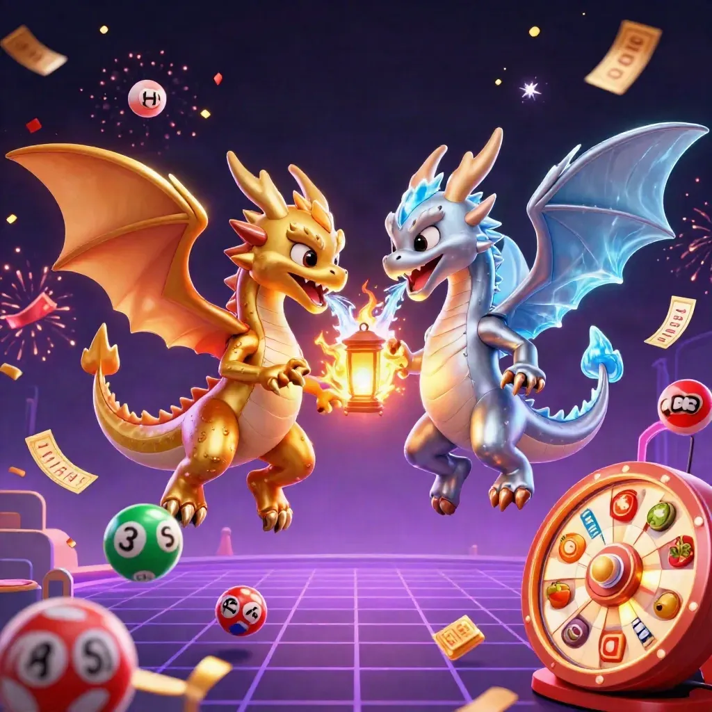 Gold and silver dragons form a yin-yang burst with casino icons and neon energy