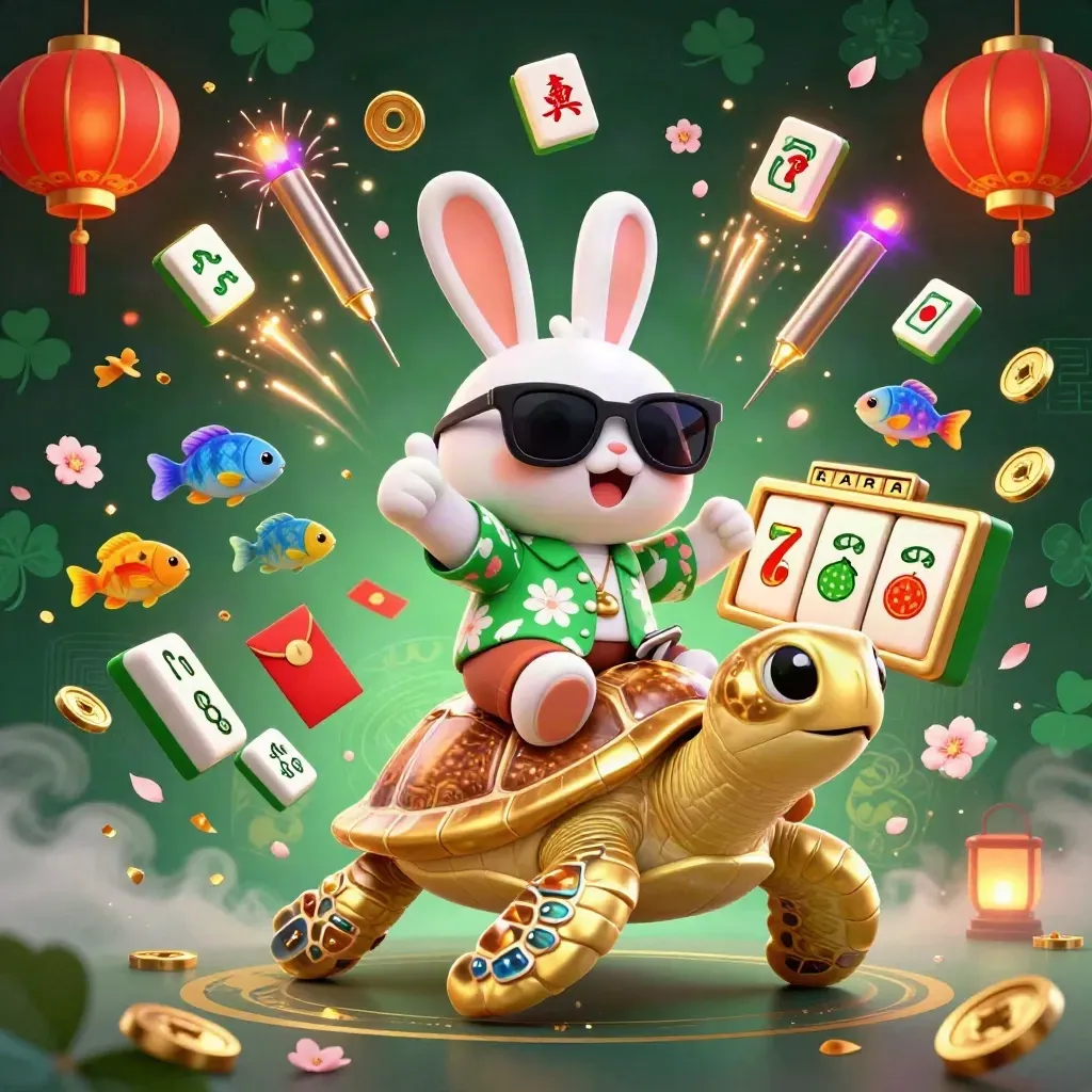 Lucky rabbit rides a gold turtle amid casino symbols, lanterns, coins, and glowing neon magic.