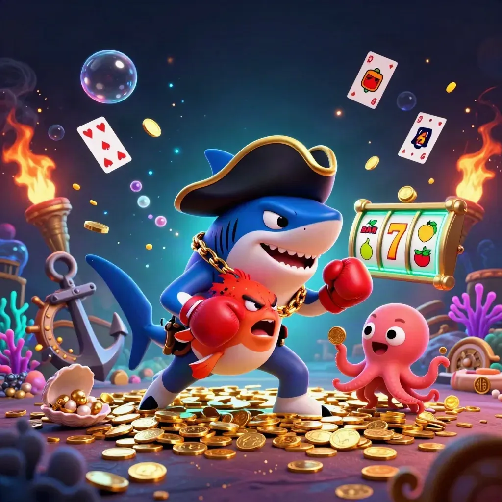 Pirate shark, boxing pufferfish, and coin-juggling octopus amid casino treasure and glowing reels.