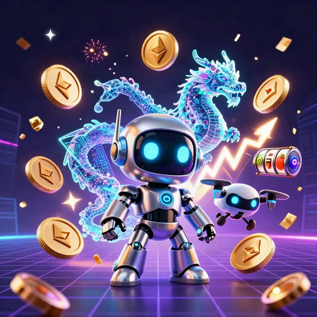 Cyberpunk robot, AI dragon and coin drone amid jackpot reels, neon coins and casino sparks
