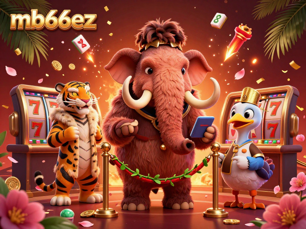 Engage with mb66ez at a vibrant casino scene featuring a woolly mammoth checking IDs amidst floating slot reels and festive decorations.