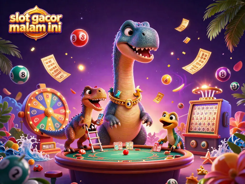 Slot gacor malam ini menampilkan ilustrasi 3D dengan karakter dinosaurus dan raptor di kasino, menggambarkan aktivitas bermain yang meriah.
