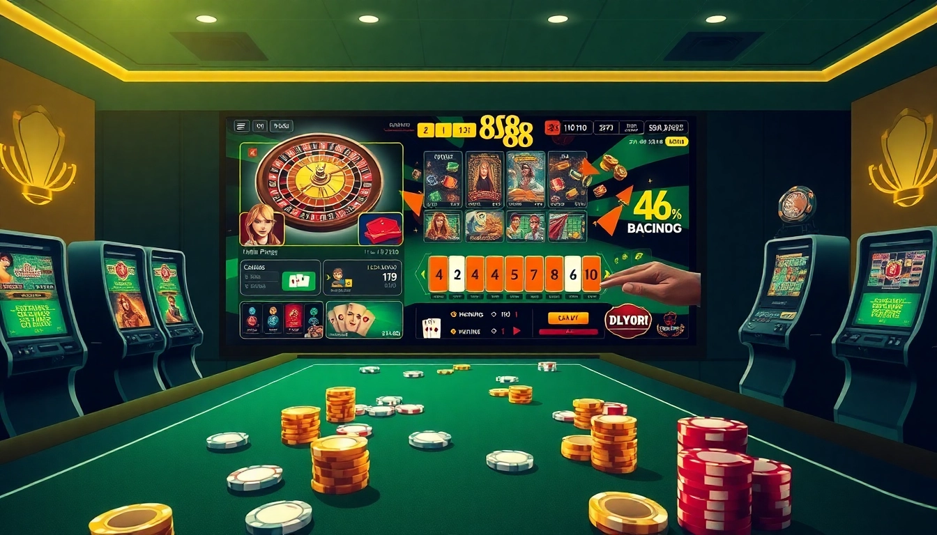 mm88 engaging online casino interface featuring poker, roulette, and vibrant slot machines.