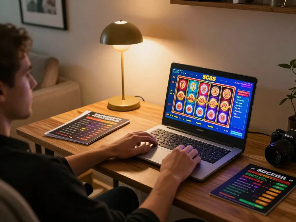 Player engaging with SC88 online casino, enjoying lively slot games in a cozy home setup.