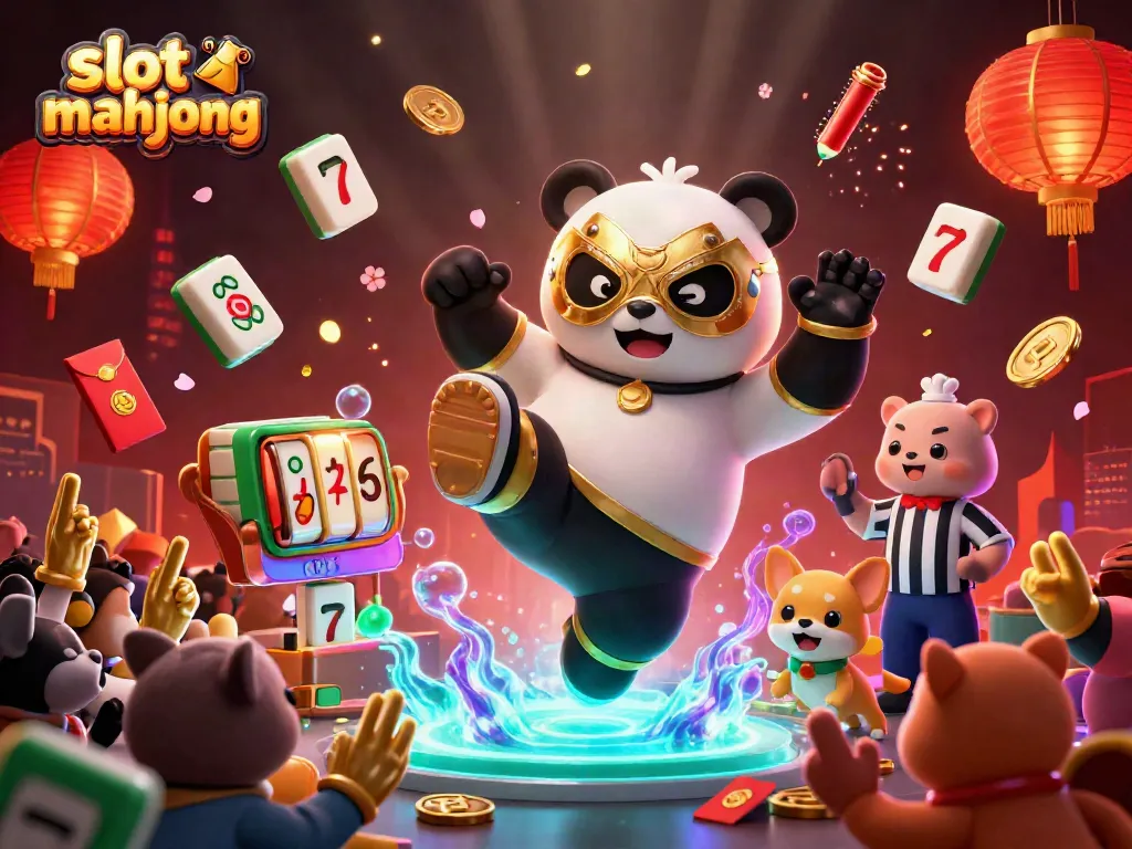 Experience the thrill of slot mahjong with action-packed illustration featuring a panda wrestler and energetic casino elements.