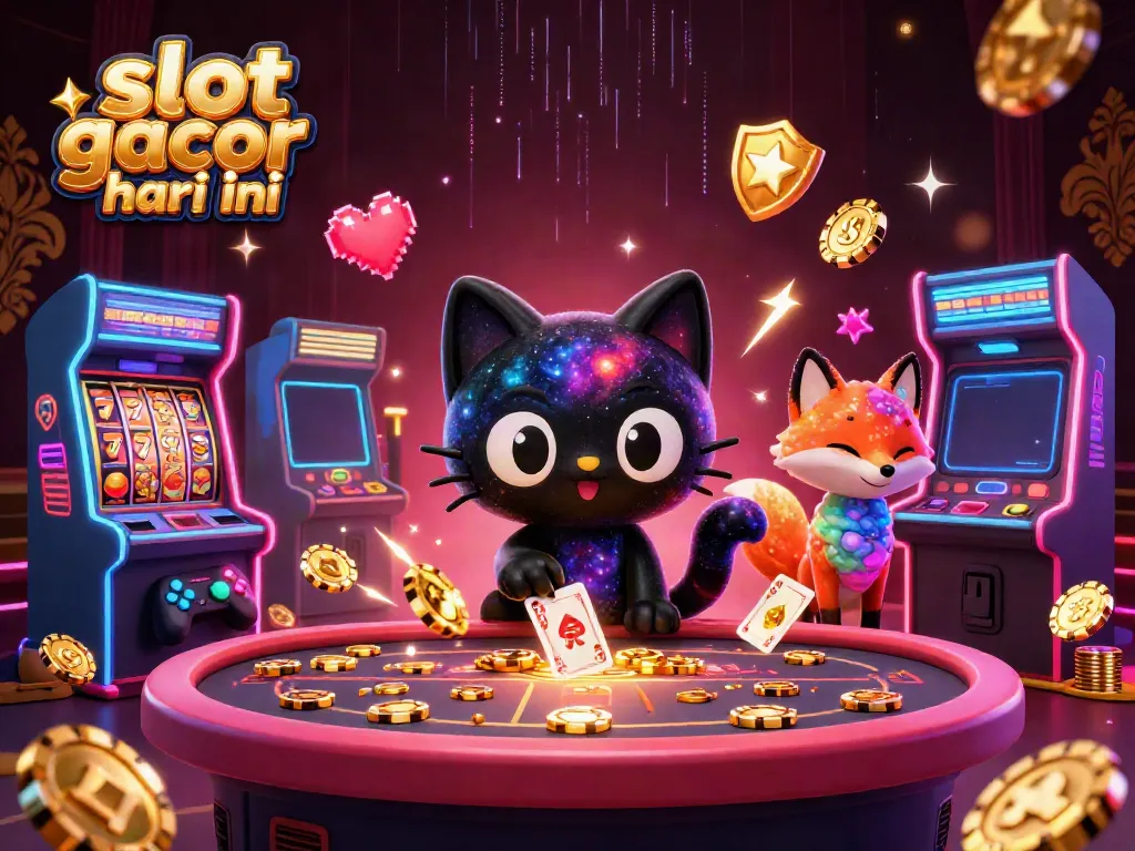 Permainan slot gacor hari ini menampilkan kucing hitam dengan galaksi dan meja kasino yang penuh kejutan.