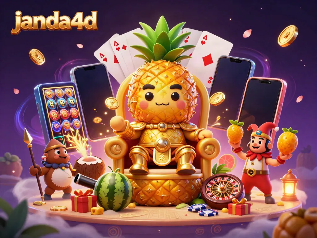 Gambarkan keseruan permainan janda4d dengan karakter kasino ceria dan slot menarik yang berkilau.