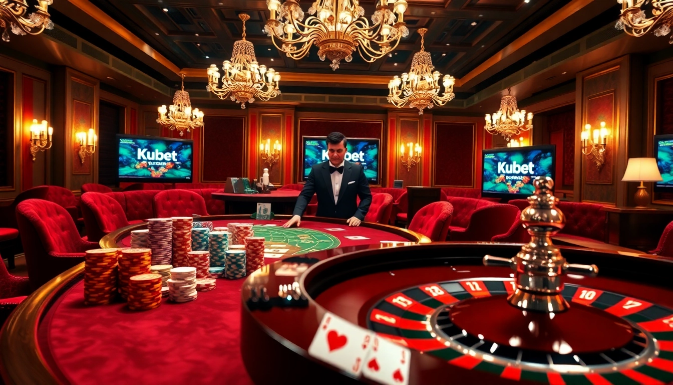 Kubet casino scene featuring poker and roulette, showcasing excitement and luxury.