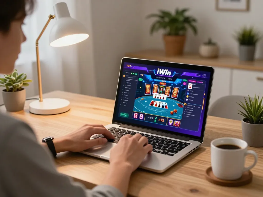 iWin gamer focused on poker strategies at home, showcasing vibrant gameplay atmosphere