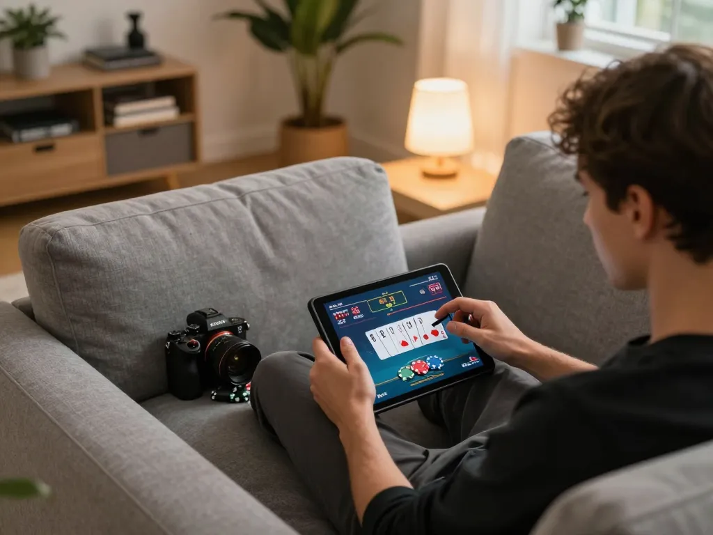Engaging in online poker gaming on a tablet at home, highlighting 23vn23's user-friendly platform and strategic play