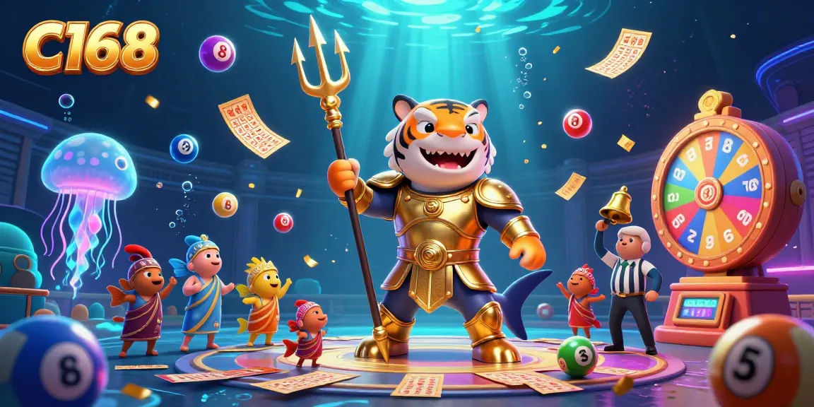 Engage with the dynamic C168 underwater colosseum featuring a gladiator shark and vibrant lottery elements.