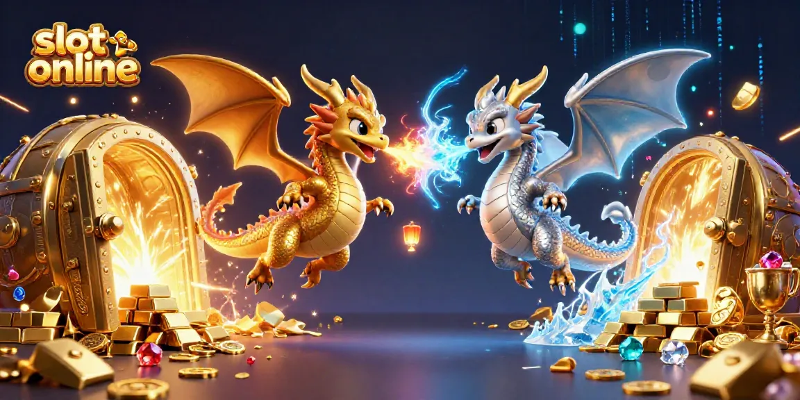 Permainan slot online dengan naga 3D berwarna emas dan perak serta elemen kasino yang kaya.