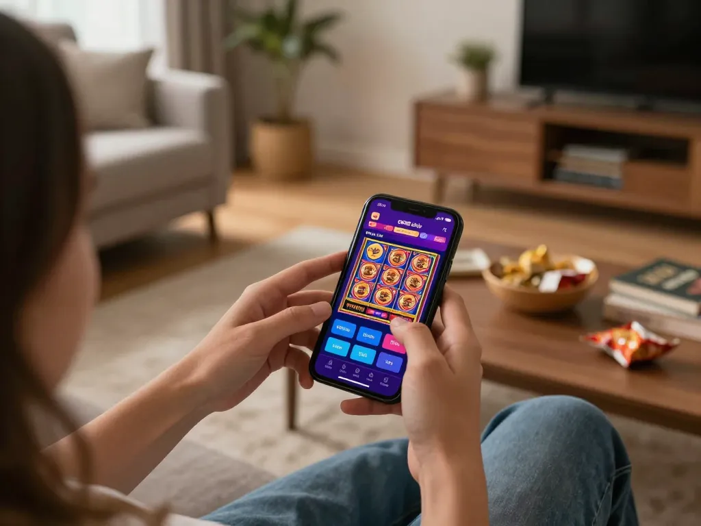 cm88 okvip mobile gaming experience showcasing vibrant casino app in a relaxing home setting.