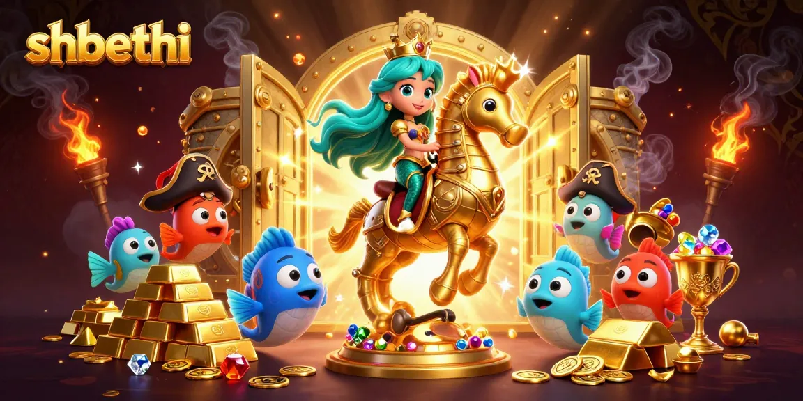 Experience shbethi's vibrant casino atmosphere with a mermaid on a seahorse amidst treasure and excitement.