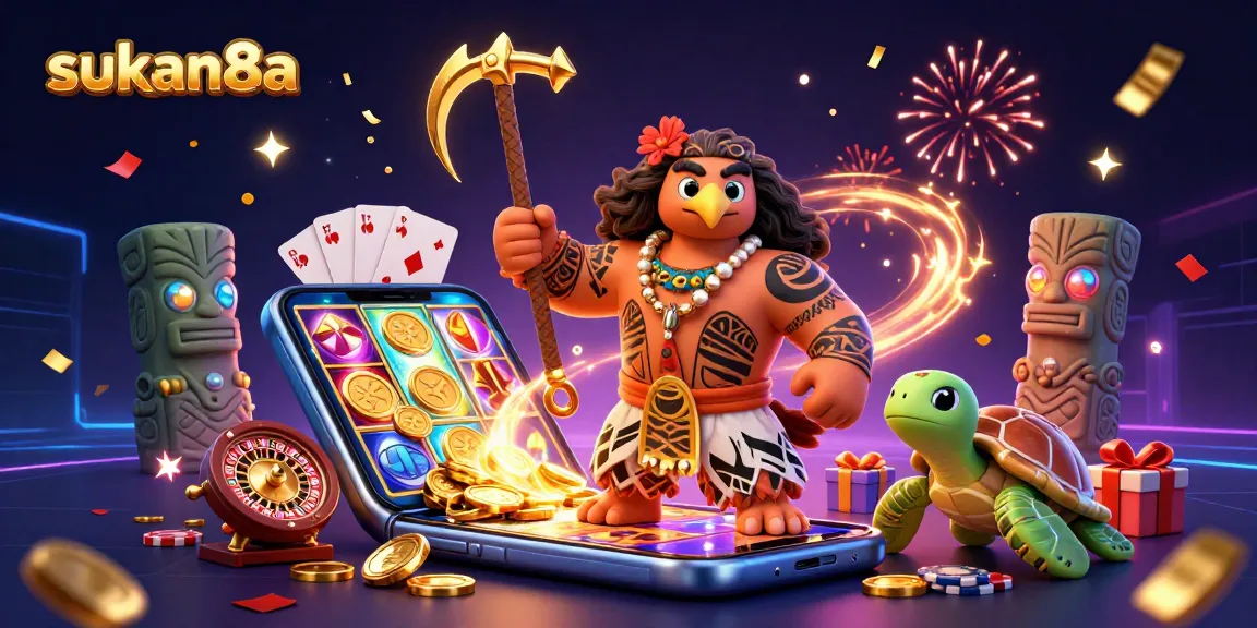 Win big with sukan8a in a vibrant casino adventure featuring colorful slot games and festive characters.