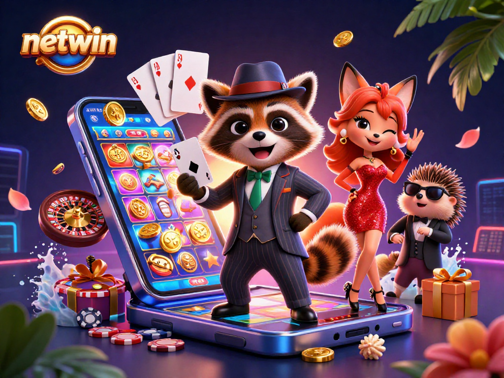 Experience vibrant gameplay with netwin, where a suave raccoon reveals a royal flush amidst dynamic gambling elements.
