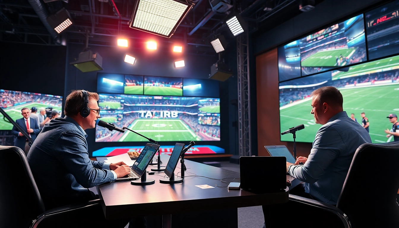 Hosts discussing the latest sports broadcasting trends in a dynamic studio setting.