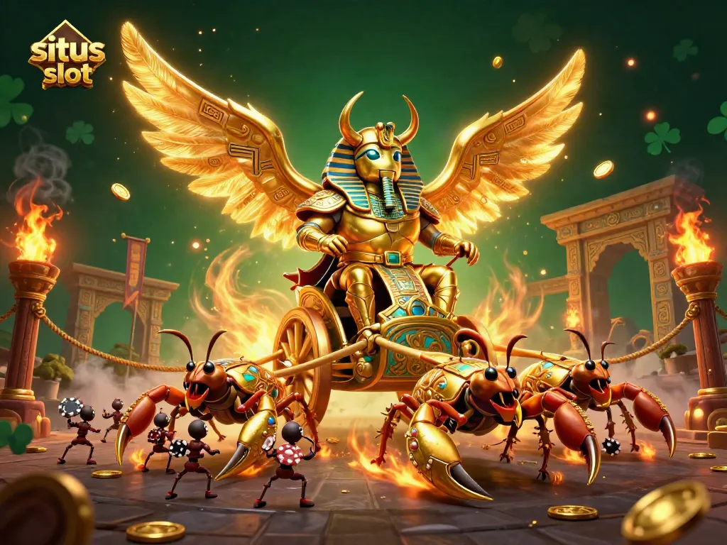 Menangkan situs slot dengan karakter luar biasa, koin emas berserakan, dan efek api dan asap yang mendebarkan.