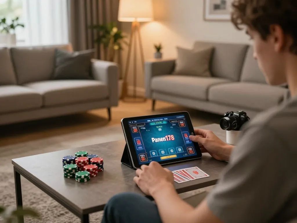 Bermain game online di rumah dengan aplikasi panen178 di tablet di ruang tamu yang nyaman.