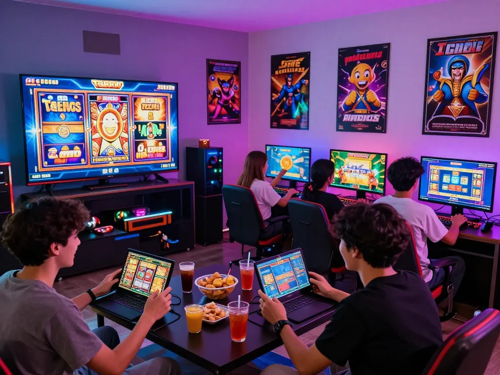 Situs slot gacor gaming night with friends enjoying excitement and colorful atmosphere.