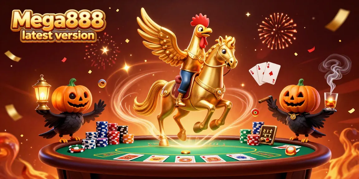 Experience the Mega888 latest version in a vibrant casino scene filled with poker action and mystical characters.