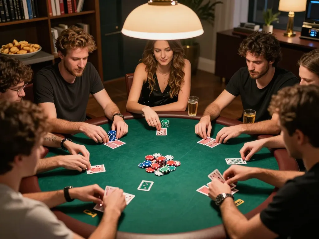 Friends engage in a strategic poker game at home, enhancing the fly88 online gaming experience with social interaction.