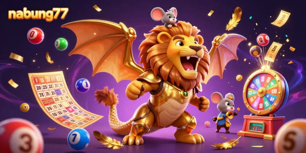 nabung77 offers thrilling gaming with colorful lottery elements and a captivating chimera creature.