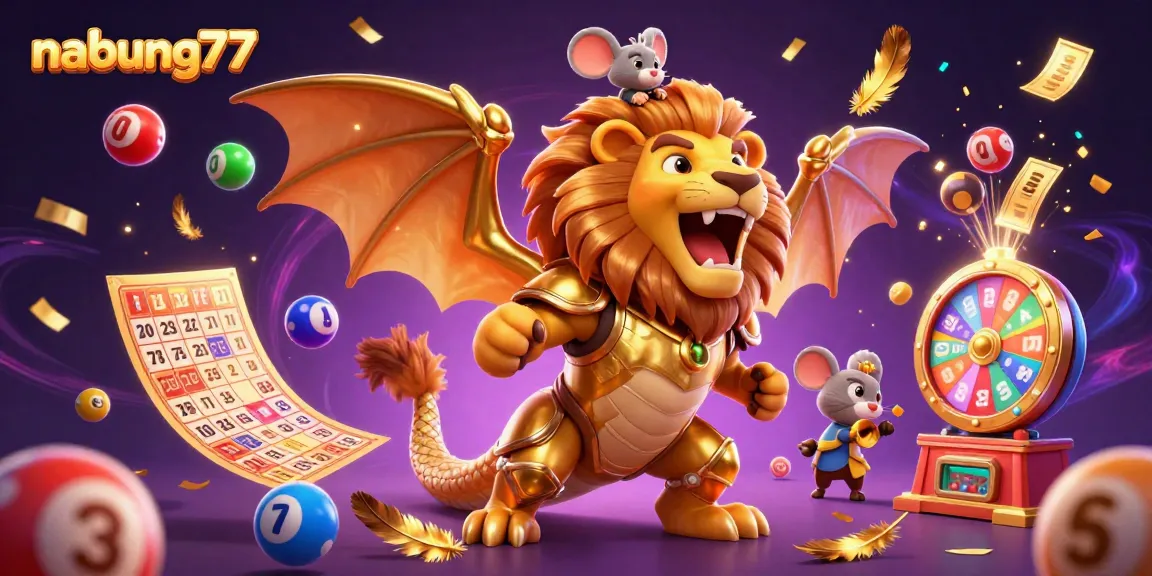 nabung77 offers thrilling gaming with colorful lottery elements and a captivating chimera creature.