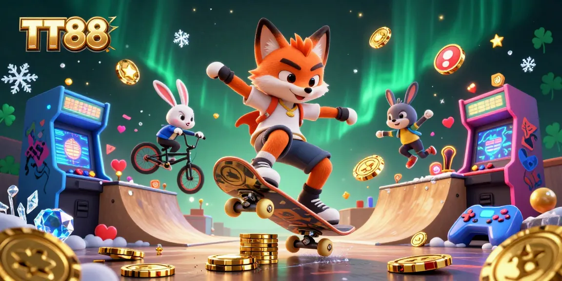 TT88 challenges players with a vibrant 3D gaming scene of animated characters and casino elements.