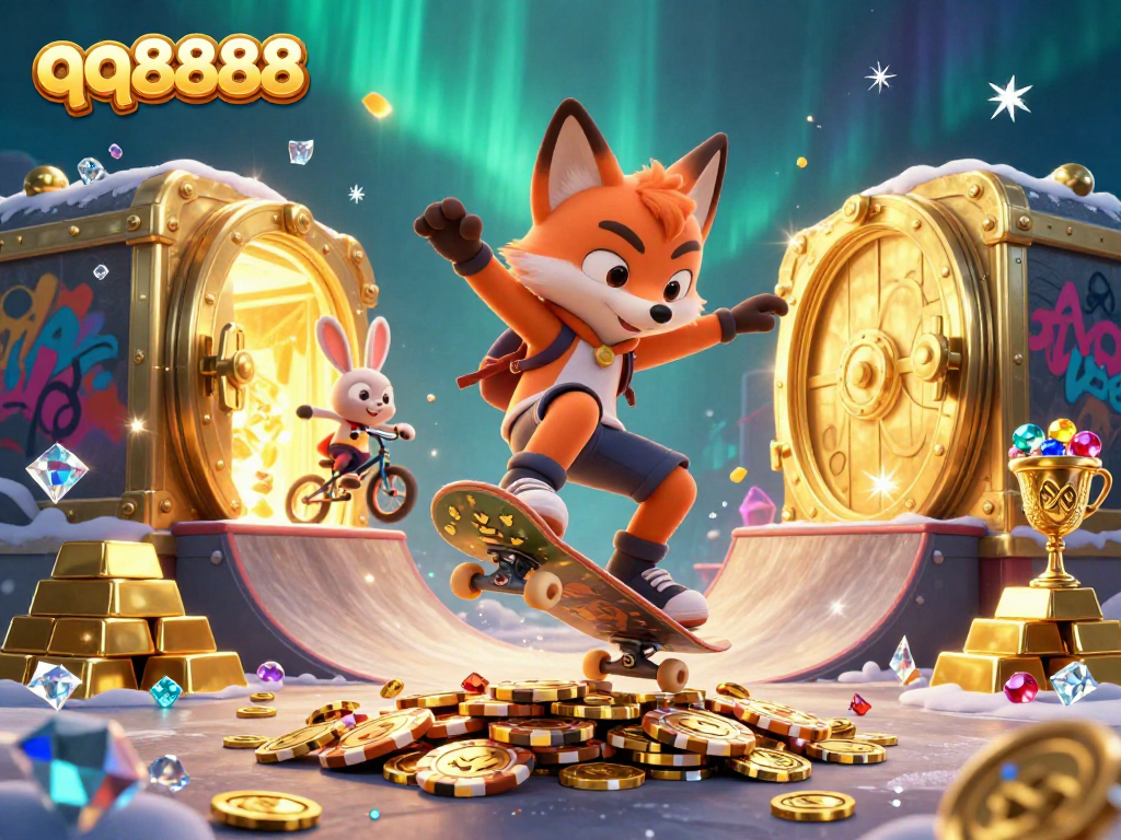 Experience thrilling gameplay with qq8888 in a vibrant casino scene filled with dynamic characters and sparkling treasures.