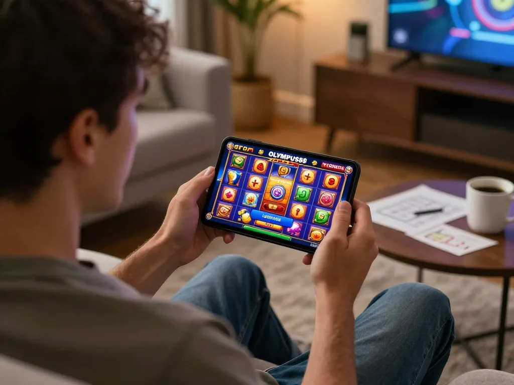 Engaging OLYMPUS88 login gameplay experience on a mobile device in a cozy home setting.