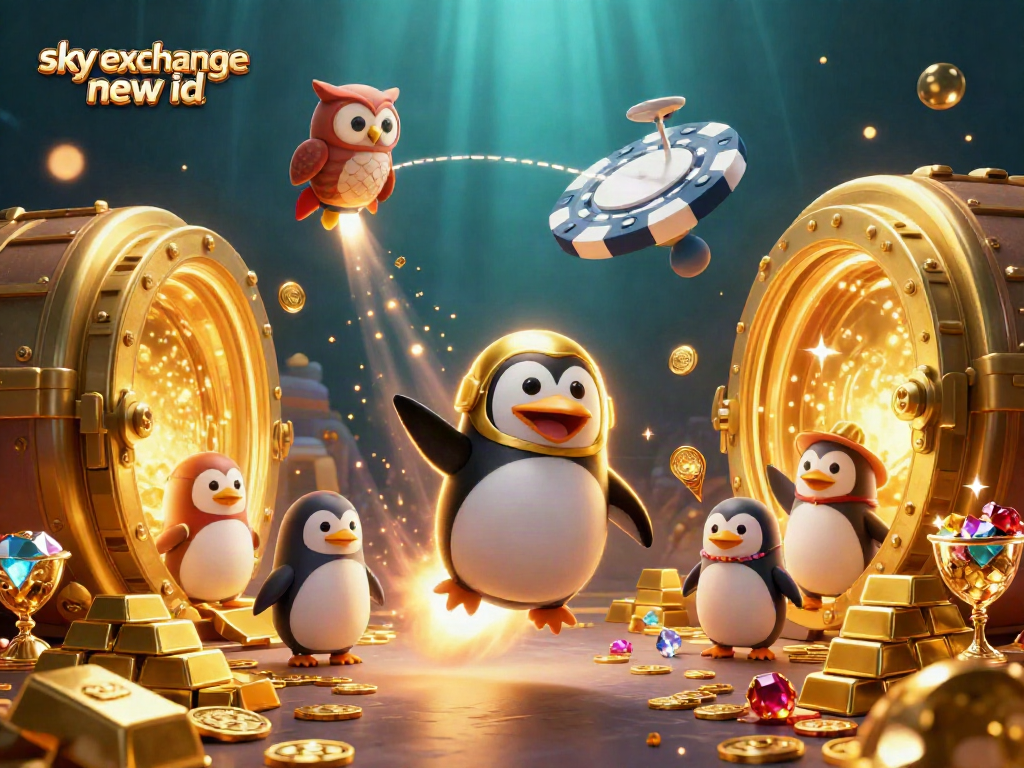Capture your winning potential with the vibrant illustration of sky exchange new id featuring a golden penguin and casino elements.