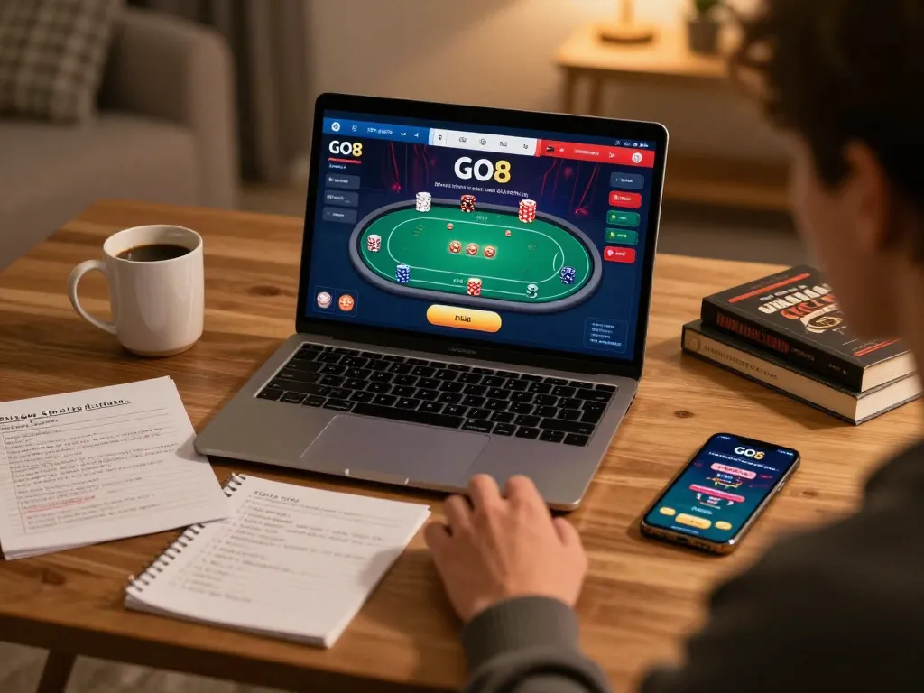 Engaging in online poker gaming with GO8 interface on laptop in a cozy home setup.