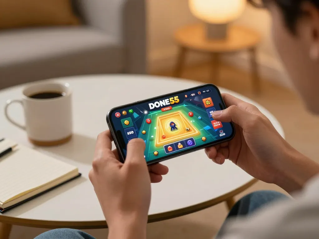 Playing the done55 game on smartphone in a cozy home environment with engaging graphics.