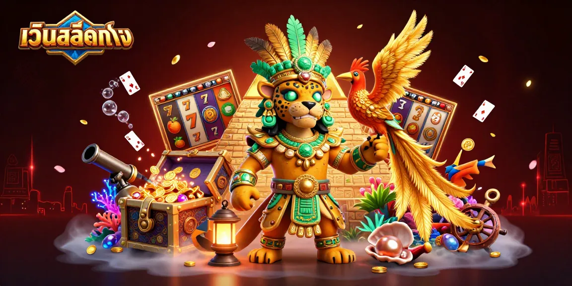 Engage with เว็บสล็อตตรง's vibrant gaming world featuring slot reels and treasures amidst a mystical setting.