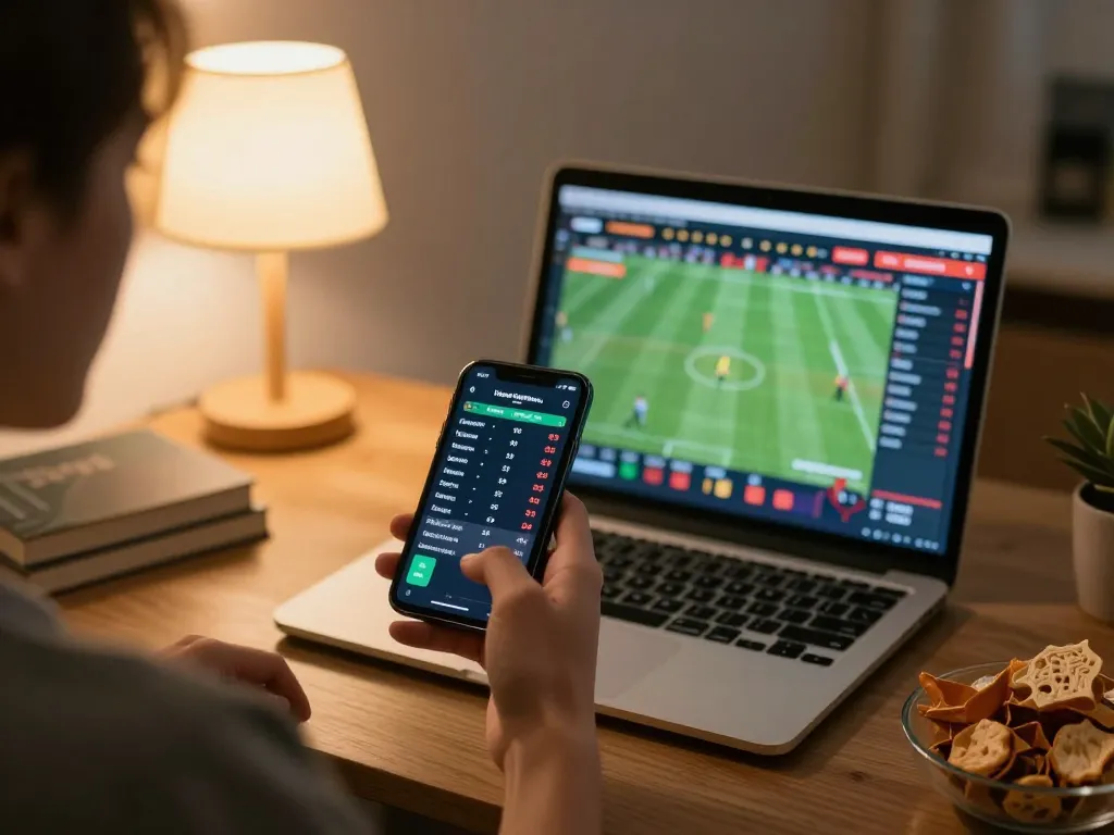 Engaging in togel sgp betting from home with smartphone in hand and sports statistics on screen.