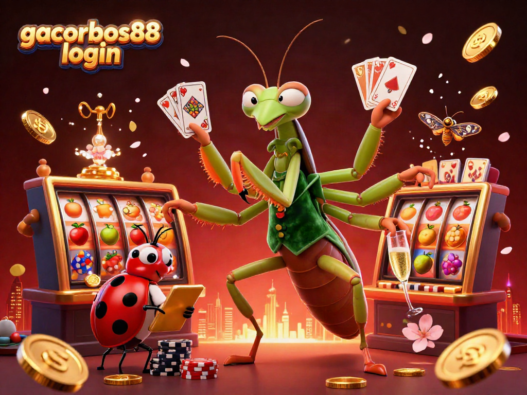 Engage with gacorbos88 login as a giant mantis manages cards amidst vibrant casino elements.