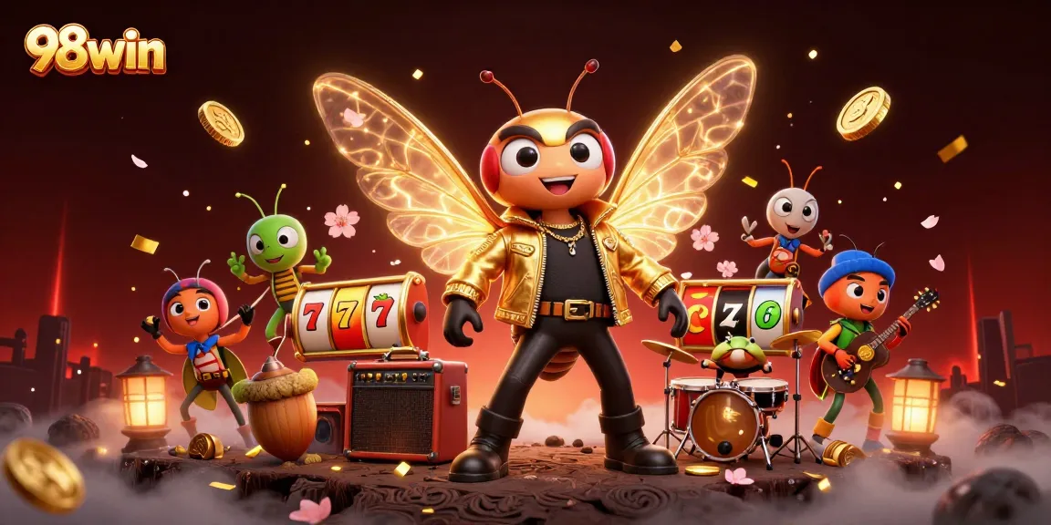 Experience the thrilling 98win slot reels with vibrant characters and dynamic gambling elements.