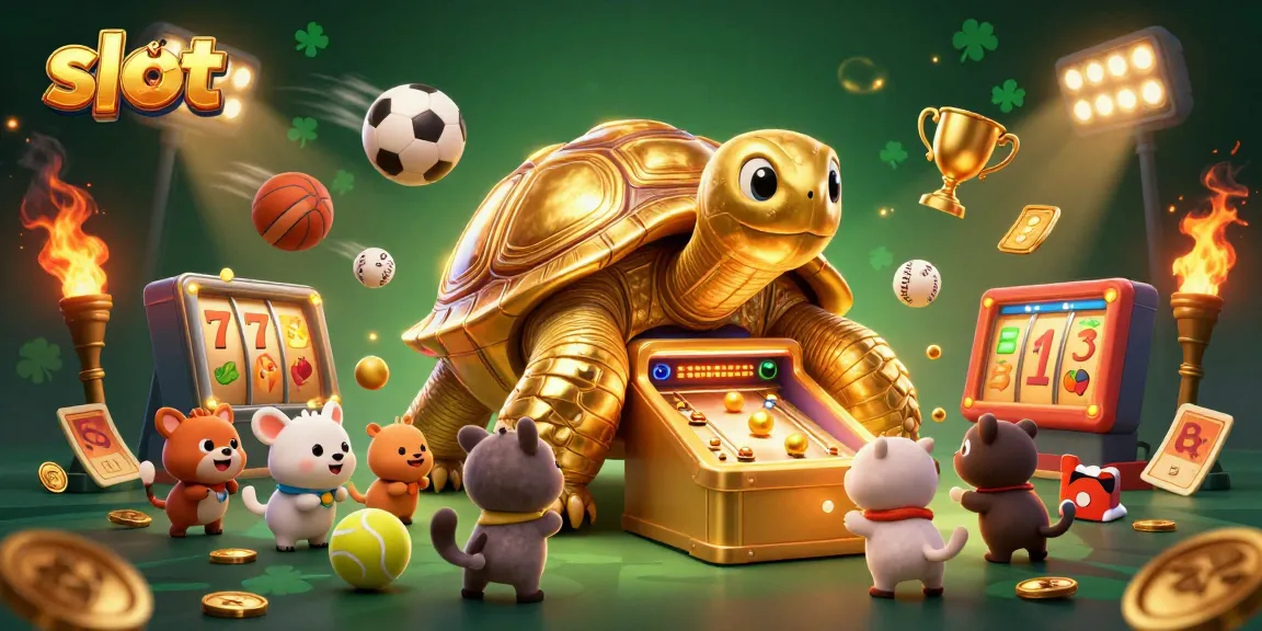 Engaging slot illustration featuring a golden tortoise pinball machine with vibrant game elements and animals.