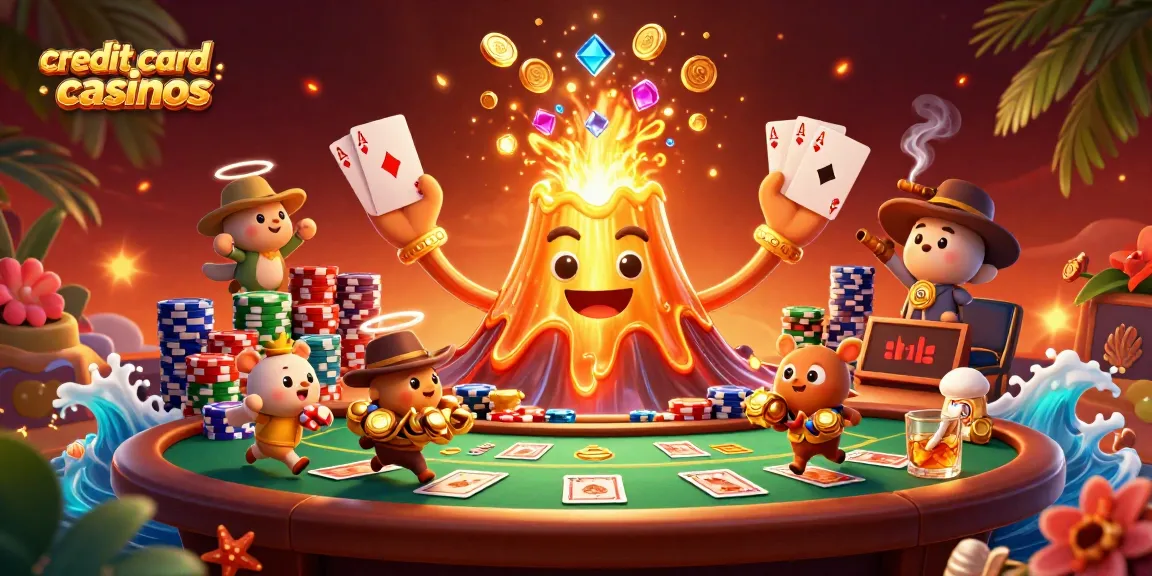 Experience the thrill of credit card casinos with triumphant volcano and treasure-filled scene.