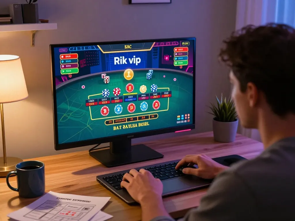 Player engaging in a live dealer Baccarat game on Rik vip platform from a cozy home office.