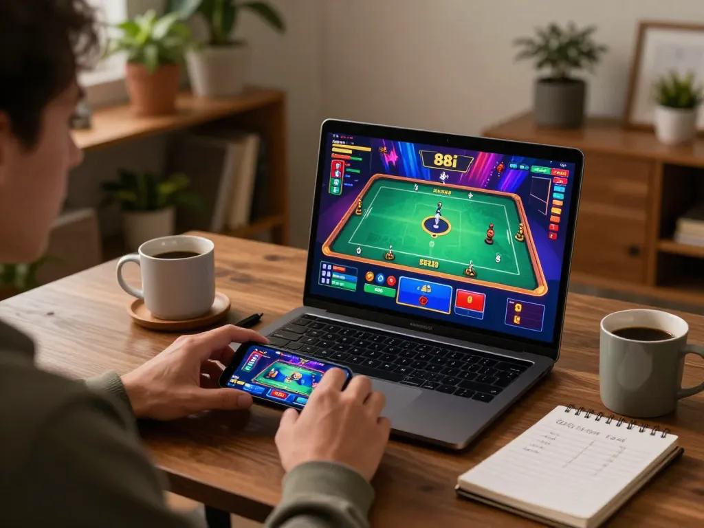 Engaging in a game 88i with a laptop and mobile device in a cozy home setting.