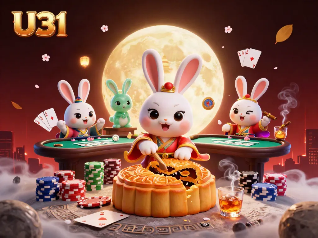 Experience thrilling poker gameplay with U31 as the moon rabbit reveals hidden treasures in a captivating casino scene.