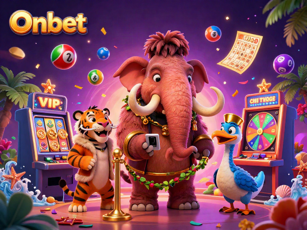Experience the vibrant energy of Onbet casino with cartoon characters and exciting game elements.