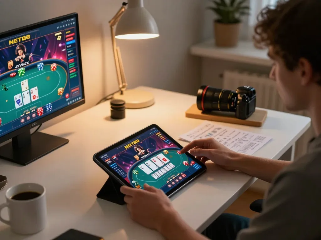 Engaging with the NET88 casino app during a strategic home gaming session.