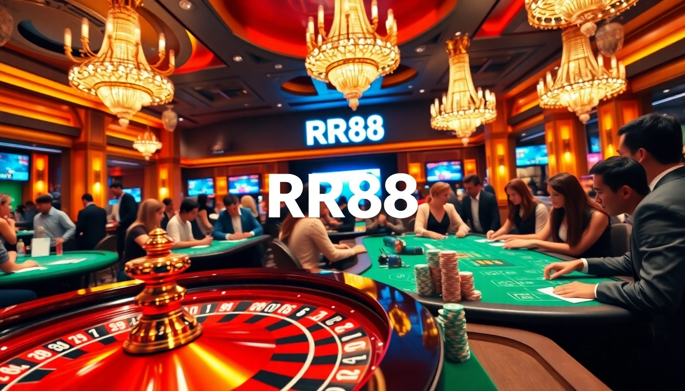 Exciting casino scene with diverse players enjoying games like roulette and poker at RR88.