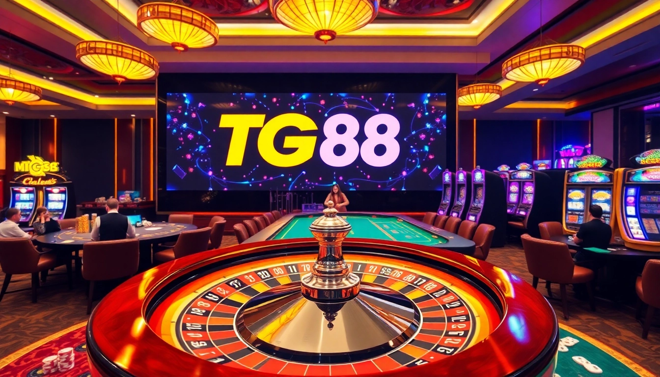 Experience the thrill of TG88 at a vibrant casino with roulette and poker tables.