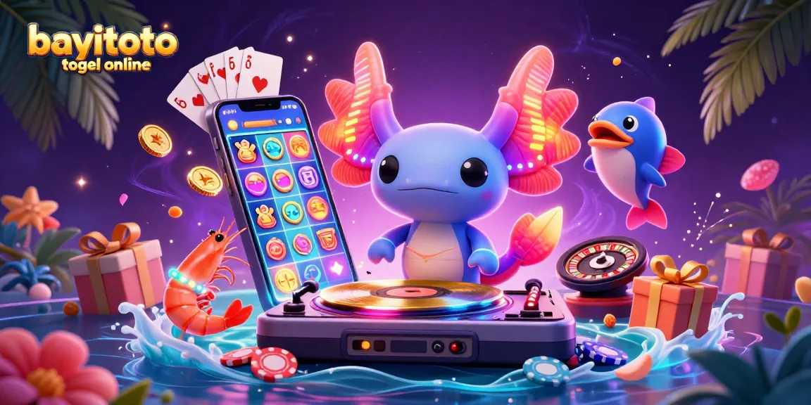Experience thrilling action at bayitoto togel online with a vivid 3D scene showcasing a whirling axolotl DJ amid vibrant casino games.
