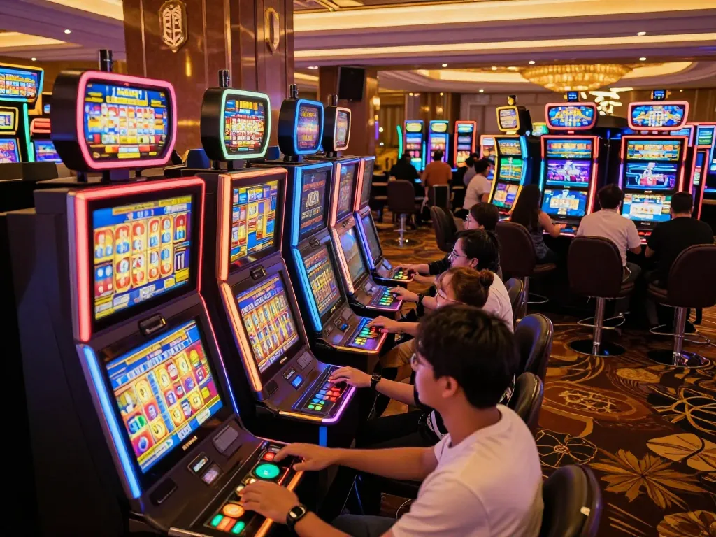 Players spinning the reels at tg88 slot machines in a lively casino atmosphere