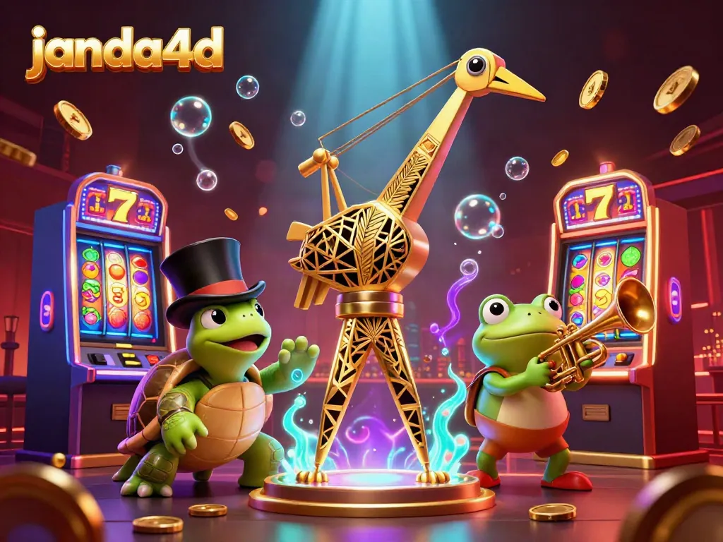 janda4d menawarkan slot yang menarik dengan mesin slot menyala, dikelilingi karakter ceria di kasino yang memukau.